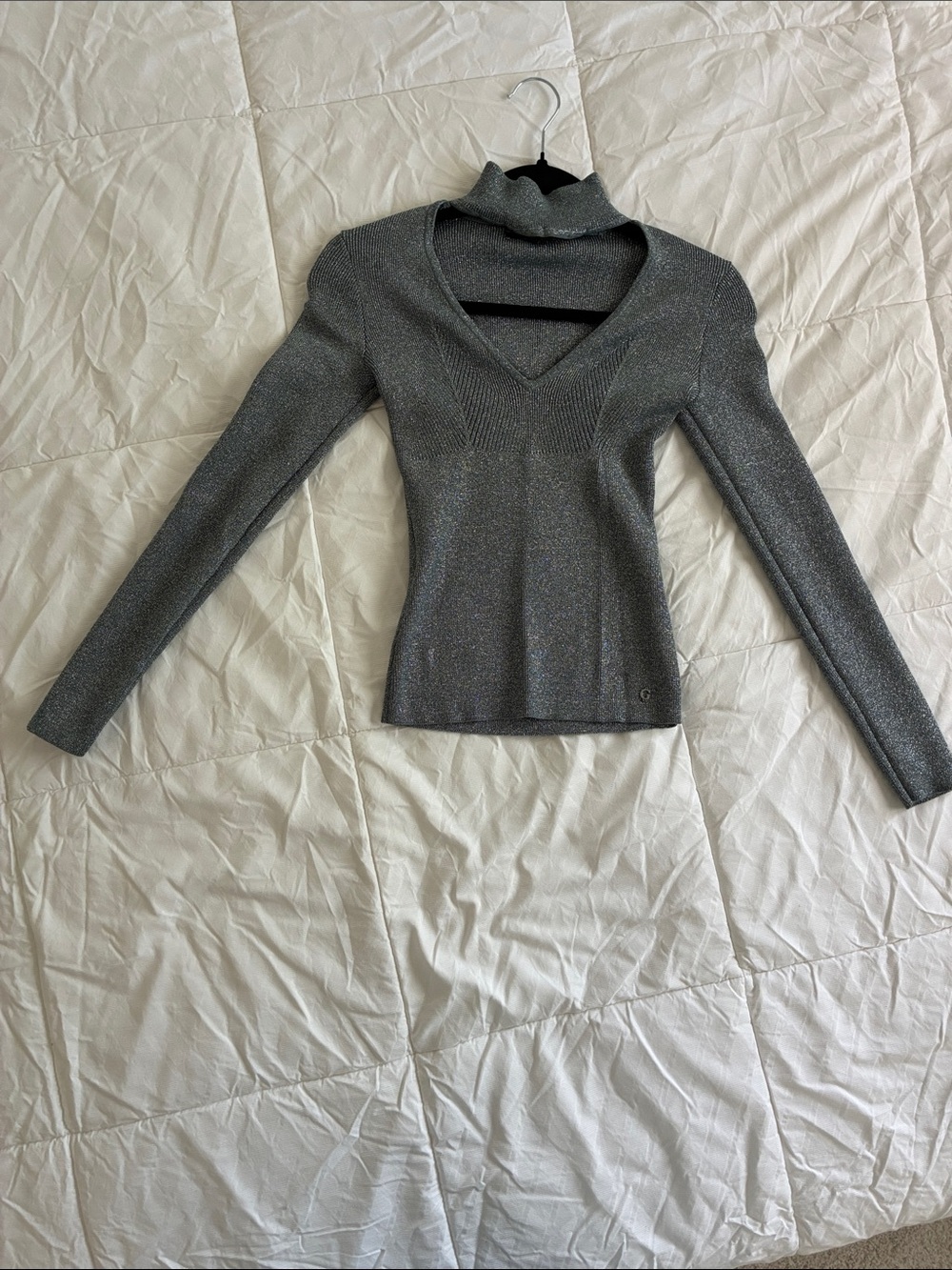 Guess Silver Metallic V-Neck Turtleneck Sweater